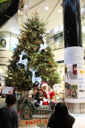 クリスマスツリーのイルミネーションを背に撮影（パルコひばりが丘店前）